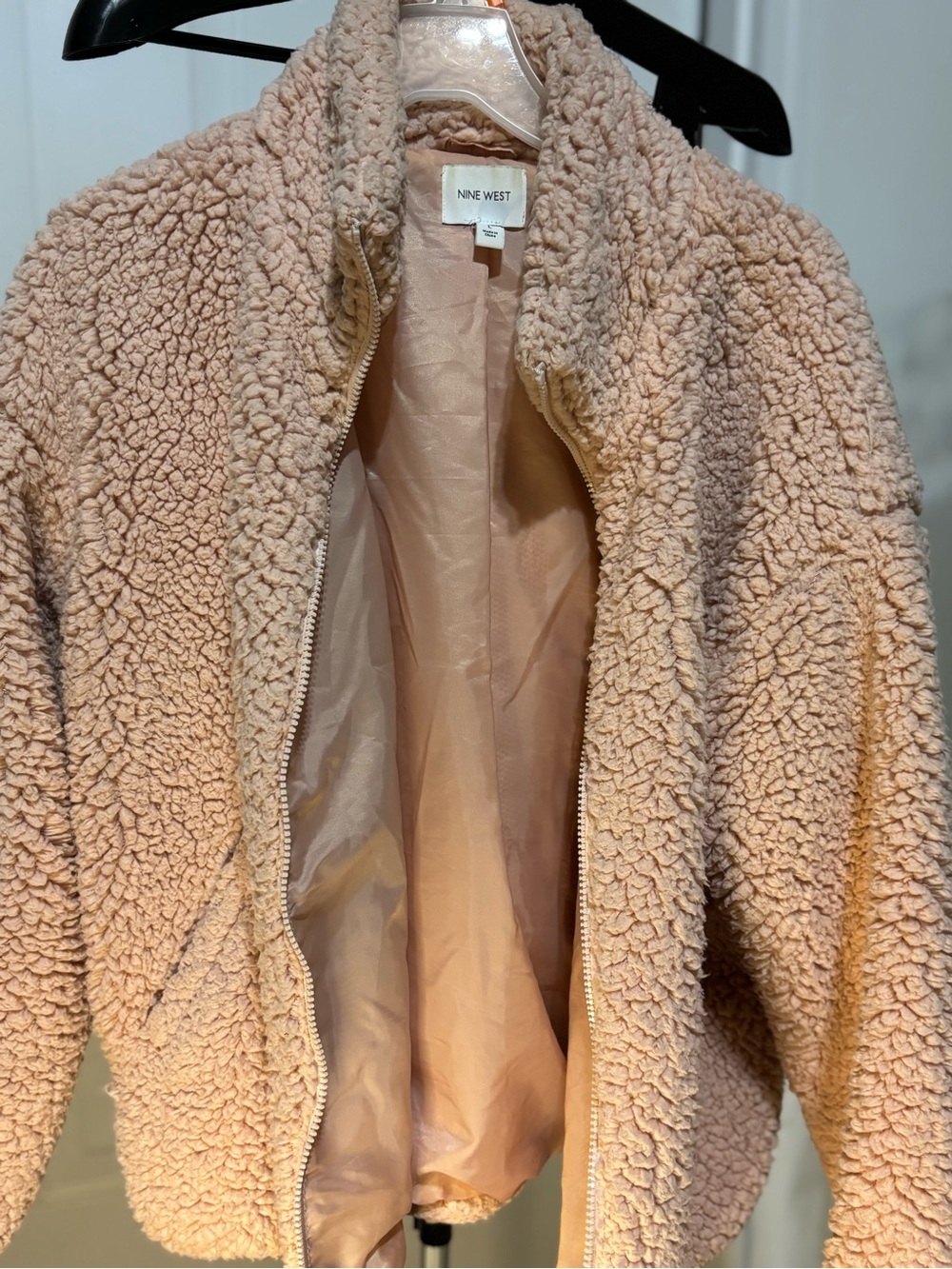 Nine West Teddy Fleece Zip Jacket in Blush Beige Size Large Cozy Sherpa Coat